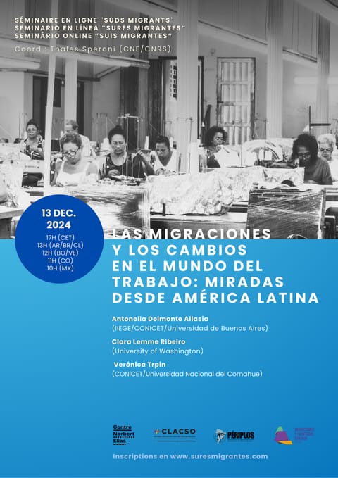 Cartel de la sesión. Abrir en tamaño grande (JPG, 309 KB). «Las migraciones y los cambios en el mundo del trabajo: miradas desde América Latina», 13 de diciembre de 2024, Antonella Delmonte Allasia, Clara Lemme Ribeiro, Verónica Trpin.